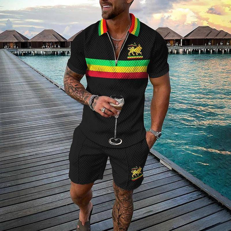 Neues modisches Poloshirt-Set mit Reißverschluss für Herren, lässig, mit 3D-Druck, kurzärmelige Hemden und Shorts_voghion.com