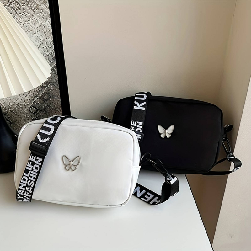Versione coreana di Ins Butterfly, nuova borsa a tracolla quadrata piccola con tracolla larga in nylon, semplice da donna_voghion.com
