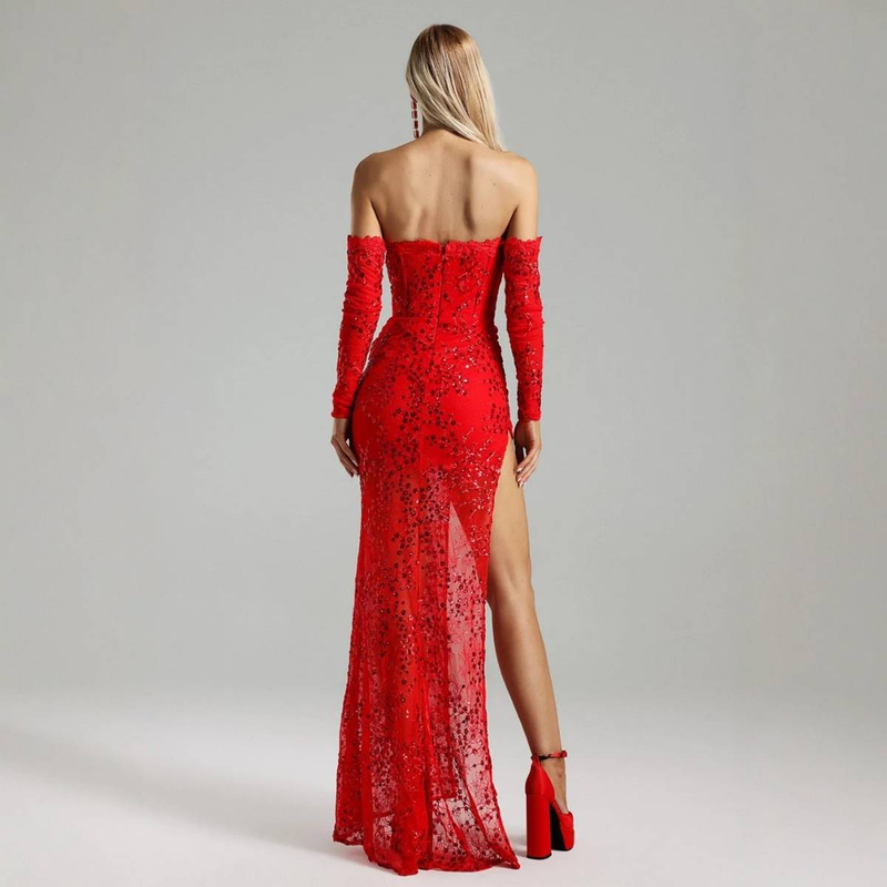 Elegant High-Waist Lace Mermaid Evening Gown With Gloves – Sexy Slit & Beaded Details For Parties & Special Occasions_voghion.com
