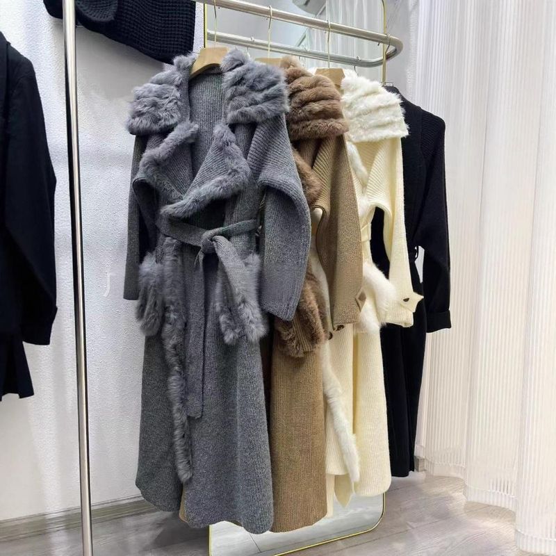 Women's Clothing Long Fox Fur Cardigan Coat - Oversized Knit Sweater Wrap With Cozy Shawl Collar For Fall & Winter (Gray/Black/White/Camel, One Size)_voghion.com