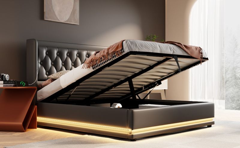 Lit double 160 x 200 cm, matelas en polyuréthane noir, lit coffre hydraulique avec chargement USB Type-C et éclairage LED sur 3 côtés, tête de lit rembourrée (matelas inclus)._voghion.com