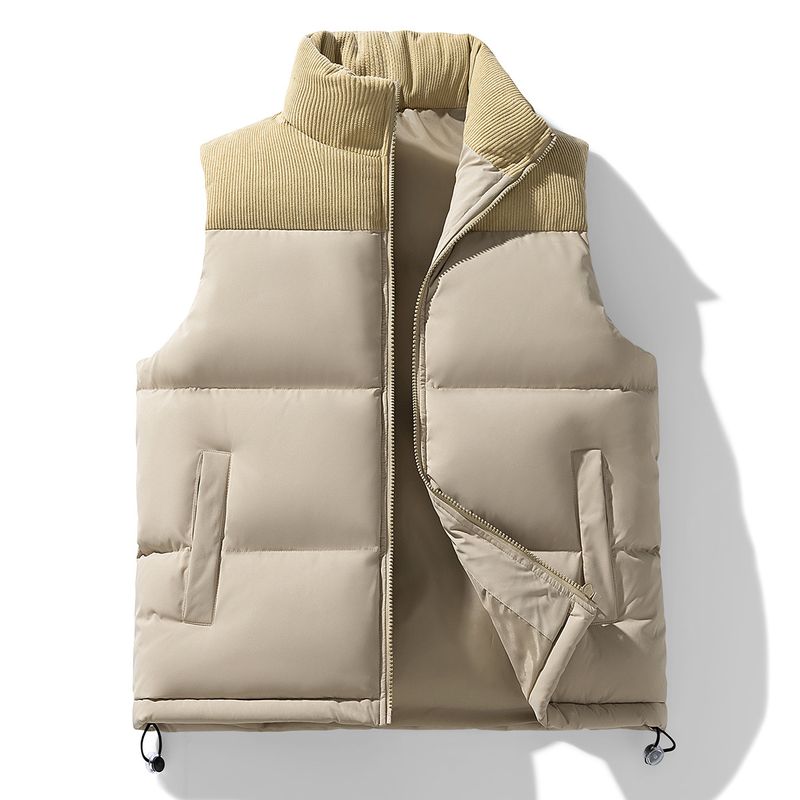 Men's Color-Block Sleeveless Vest, Thickened Warm Winter Waistcoat With Stand Collar & Double Breasted Design_voghion.com