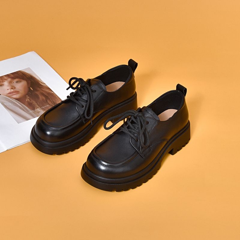 Round Toe Small For Women 2024 Top Layer Cowhide Lace-up Flats All-season Shoes Comfortable Soft Leather Loafers_voghion.com