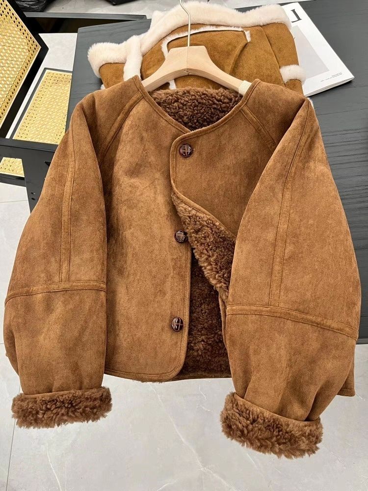 Luxe imitatiebontjas - comfortabele suède-achtige bomberjack met 3D-textuur, oversized pasvorm en warme lamswollen voering voor kleine vrouwen (S-3XL)_voghion.com