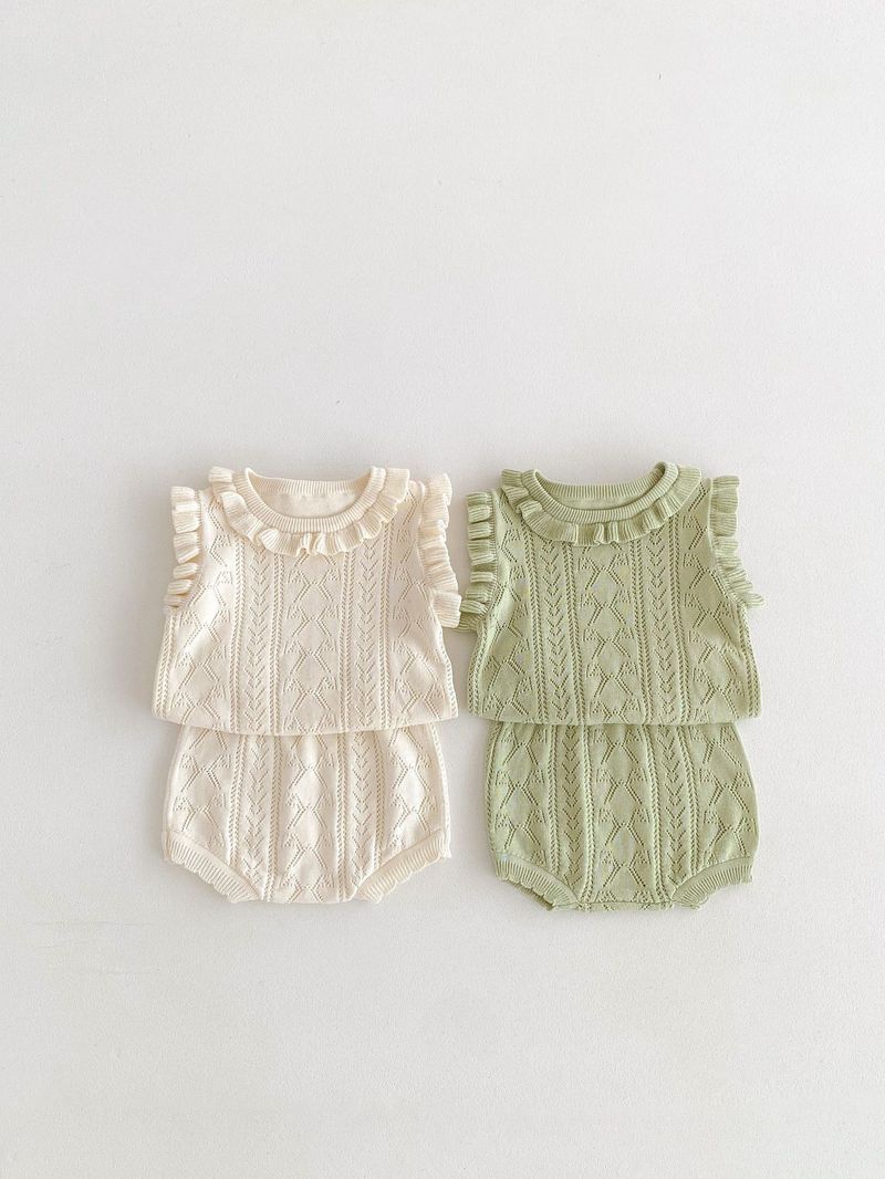 Vêtements d'été pour bébés filles, version coréenne, pull tricoté, col en dentelle, haut, short, ensemble princesse fin_voghion.com