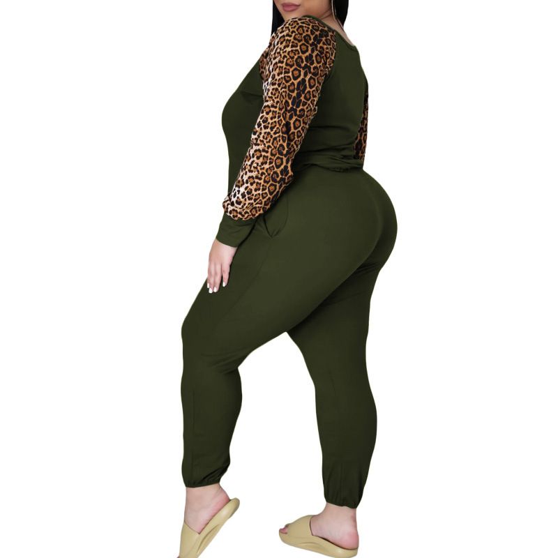 Costume deux pièces décontracté pour femmes, imprimé léopard, couleur contrastée, mode, grande taille, grande taille_voghion.com