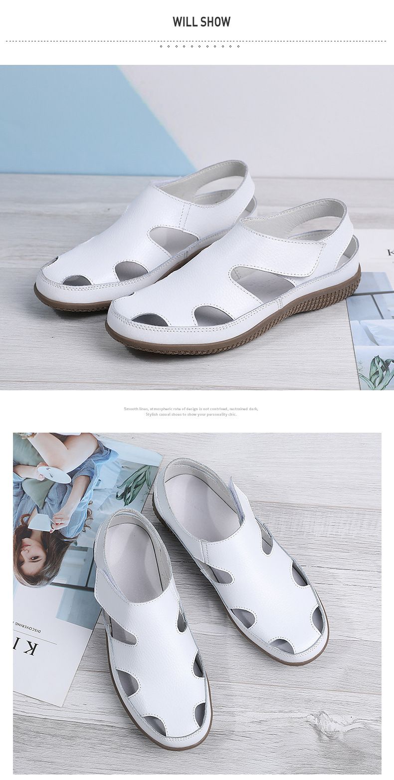 Sandalias de verano de piel auténtica para mujer, cómodas, con punta redonda y suela blanda hueca para mujer_voghion.com