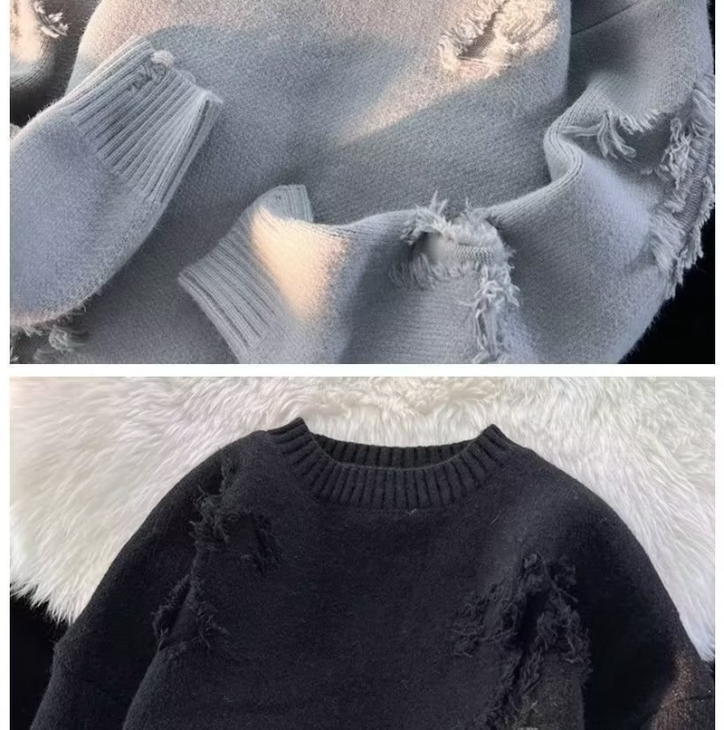 Suéter roto para hombre, ropa de otoño e invierno, jersey de cuello redondo para hombre, jersey juvenil de estilo retro de marca High Street._voghion.com