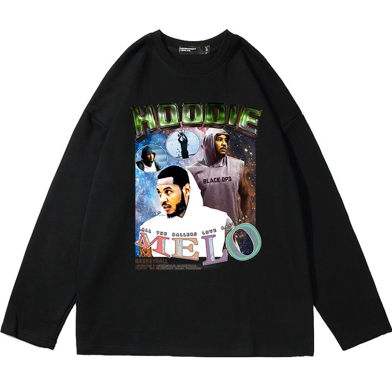 Fronte Retro Stampa Grande e Basket Anthony Melo Maglietta A Maniche Lunghe Per Uomo E Donna, Abbigliamento Alla Moda In Puro Cotone_voghion.com