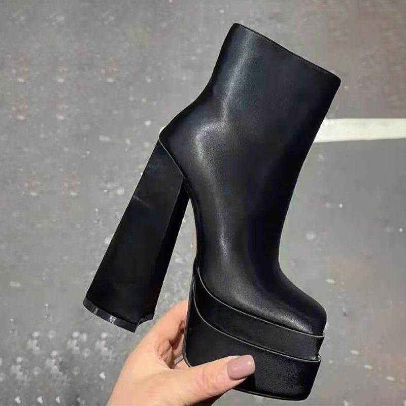 Sexy women's short boots Square head double waterproof platform high chunky heel side zip women's fashion show boots_voghion.com