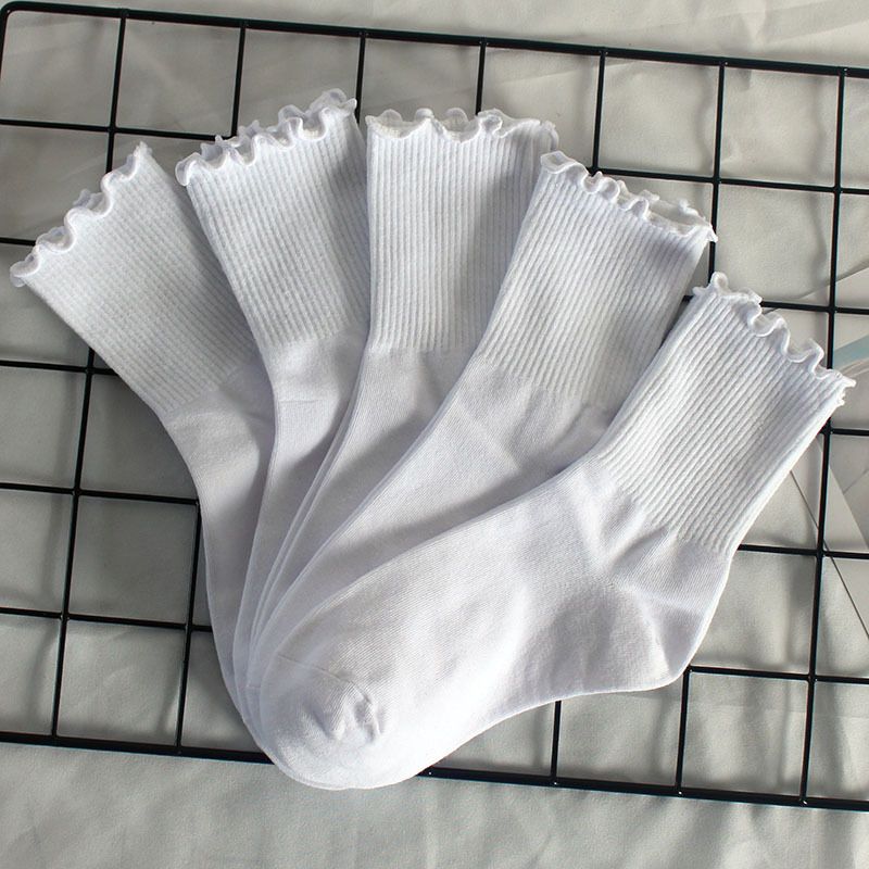 Calzini da donna Calzini alla caviglia plissettati da donna Calzini autunnali invernali in cotone con pizzo alle orecchie in legno Calzini a tubo medio da donna in tinta unita_voghion.com