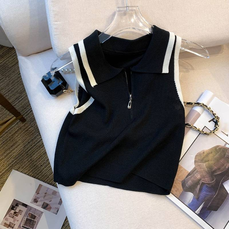 Damenbekleidung Echter Schuss des neuen Sommerdesigns Nischenkontrastfarbe Reißverschlussweste Hosenträger Strickoberteile für Frauen_voghion.com