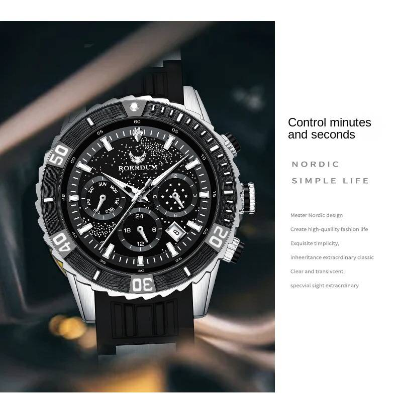 ROERDUM Voyager Series-Orologio subacqueo RA8006 Orologio meccanico a carica funzionale con quadrante nero e cinturino in silicone Orologio da uomo_voghion.com