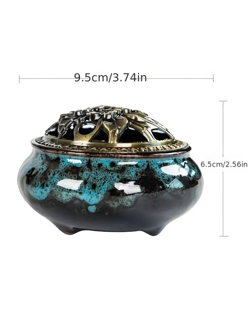 Quemador de incienso de cerámica torneada al horno (1 pieza) - Tapa de cobre vintage, decoración creativa para el hogar, artesanías de cerámica para incienso en pan, cono de salvia e incienso de olíbano_voghion.com