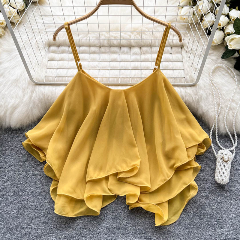 Women's Clothing Summer Blouse Versatile Loose Ruffled Off Shoulder Double Layer Sleeveless Chiffon Camisole For Women_voghion.com