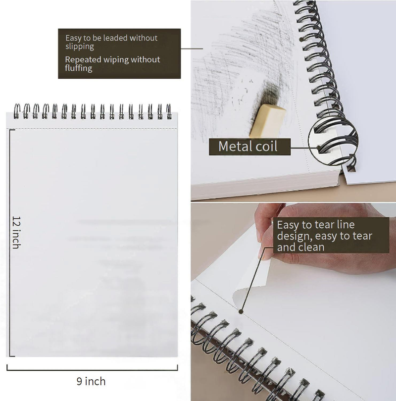 Professional 9x12 Inch Sketch Book - 200 Pages Blank Drawing Paper, Spiral Bound, Tear-Out Sheets For Artists, Students & Hobbyists_voghion.com