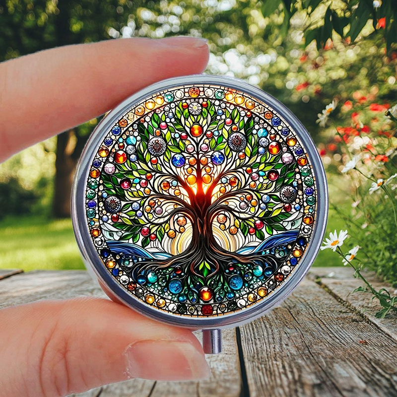 1pc "Money Tree" Mini Round Pill Box With 3 Compartments, Portable Metal Storage Organizer For Travel, Pockets & Purses - Unique Party Gift_voghion.com