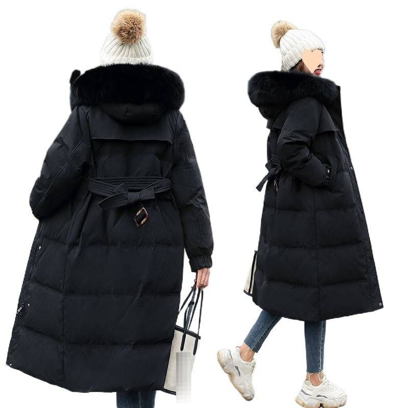 Lange Daunenjacke für Damen mit echtem Fuchspelzbesatz – Füllung aus 96 % weißen Entenfedern, schmaler, taillenbetonter Wintermantel, wasserabweisende Acryl-Außenschicht_voghion.com