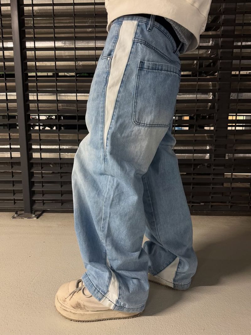 Men's Clothing New Style Splicing Spring And Summer Trend High Street Retro Washed Distressed Light Blue Slim Wide Leg Denim Men's Pants_voghion.com
