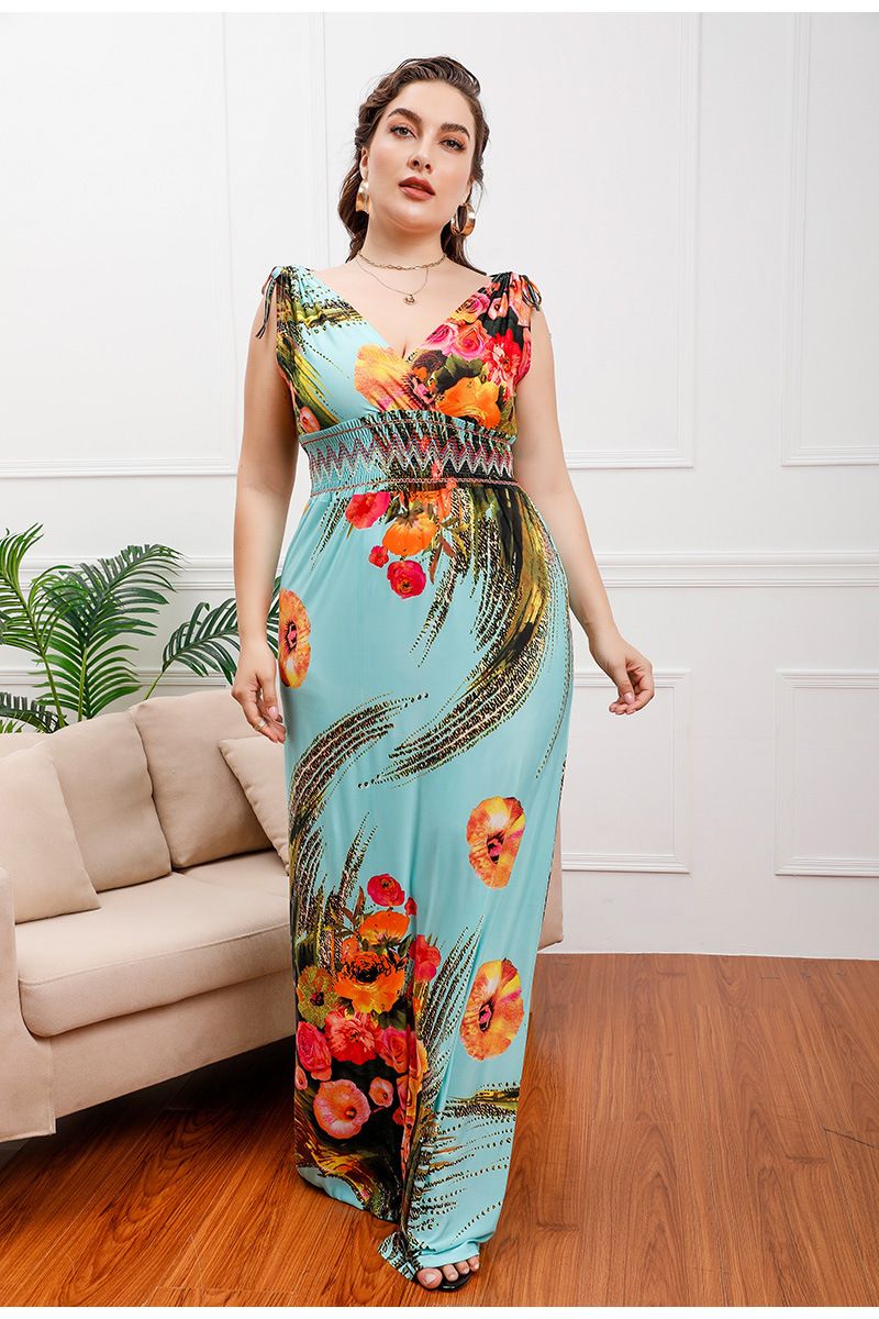 Vestido de seda de hielo con estampado de talla grande para mujer, vestido largo bohemio con escote en V y tallas grandes_voghion.com