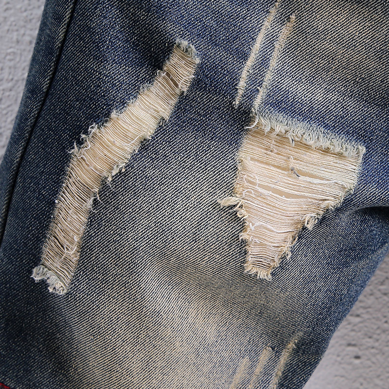 New Summer Distressed Patchwork Denim Shorts For Men, Straight-Leg Rolled Hem Five-Point Trendy Style_voghion.com