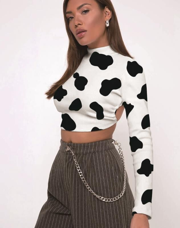 Sexy rückenfreies, bedrucktes Langarm-T-Shirt für Damen_voghion.com