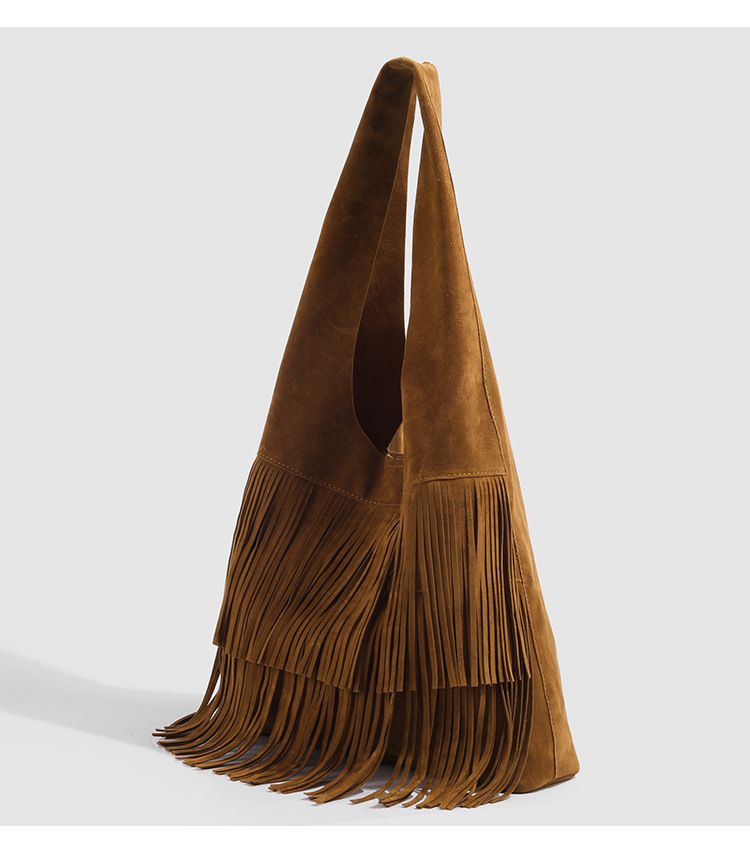 Fringed Boho Shoulder Bag - Large Capacity Soft Leather Crossbody Purse For Women, Stylish Bucket Bag With Magnetic Closure_voghion.com