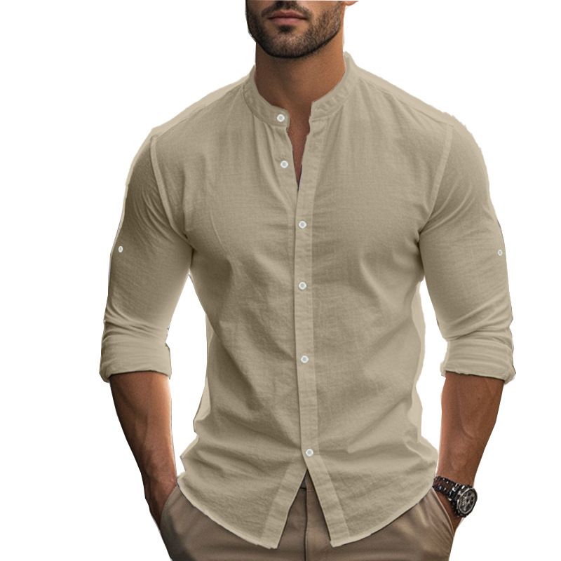 Camicia da spiaggia a maniche lunghe, semplice, traspirante, in lino, casual e ampia, da uomo, stile hawaiano, stile transfrontaliero americano._voghion.com