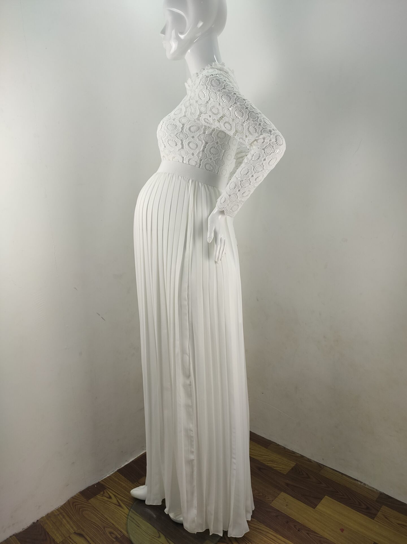 Abito da sera con cuciture in pizzo da donna in canapa sudcoreana per donna incinta, gonna centinaia di pieghe, gonna a maniche lunghe con spacco_voghion.com