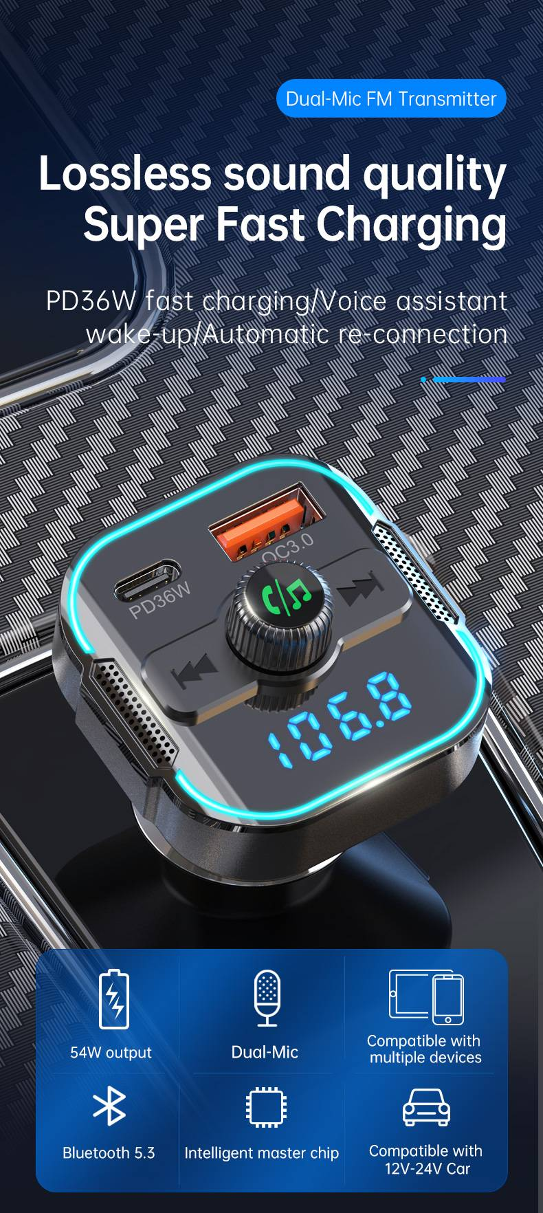 Adattatore Bluetooth per auto BC47 - Ricarica rapida, cancellazione del rumore CVC, compatibilità universale_voghion.com