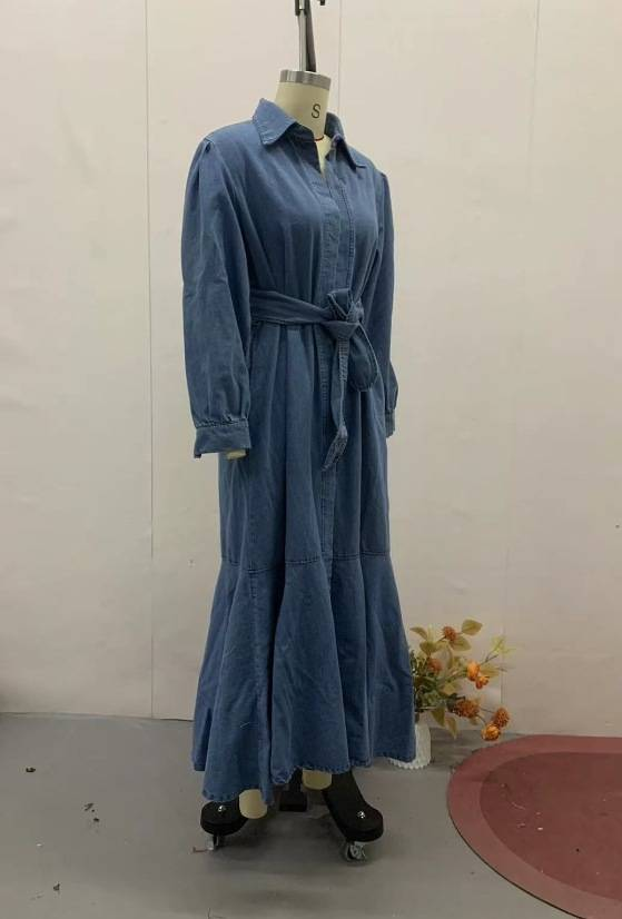 Women's Solid Color Zippered Waist Muslim Denim Dress_voghion.com