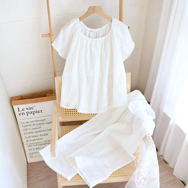 Ensemble de pyjama minimaliste en coton - Style coréen à manches courtes avec broderies, vêtements de nuit respirants pour femmes_voghion.com