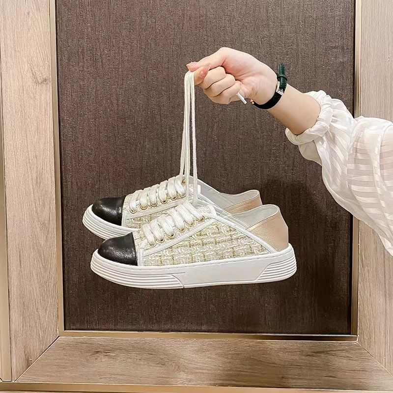 Duftender Wind Canvas für Damen, niedrige Absätze, Trittfüße, Halbschuhe, vielseitig einsetzbar, atmungsaktiv, runde Zehenpartie, klein, weiß_voghion.com