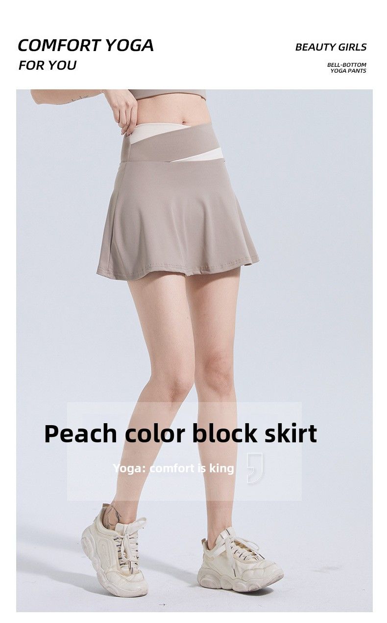 Color Block Two-Piece Skirt Quick-Dry Anti-Exposure Shorts High Elasticity Bare Sensation Tight Sports Short Sleeve_voghion.com