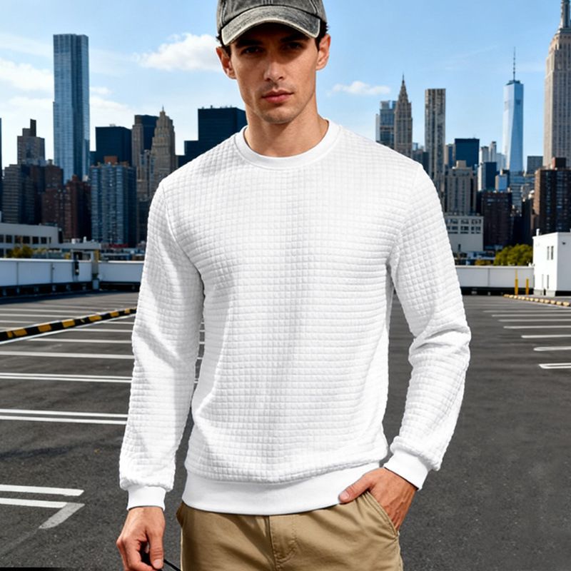 Felpa casual da uomo in poliestere spesso con scollo rotondo, maniche lunghe e motivo jacquard, vestibilità comoda per primavera e autunno._voghion.com