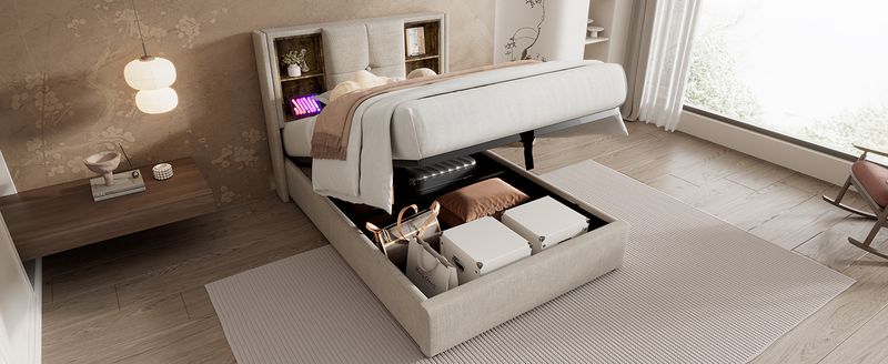 Lit simple avec recharge sans fil USB-C, cadre de lit rembourré avec rangement 90 x 200 cm, sommier à lattes en bois, tissu en lin naturel (avec matelas)_voghion.com