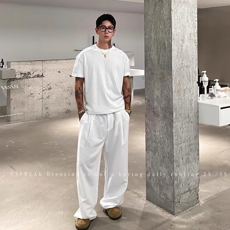 Pantaloni larghi da uomo, bianchi, a pieghe singole, in tessuto antirughe e drappeggiato, stile casual, Lao Qianfeng_voghion.com
