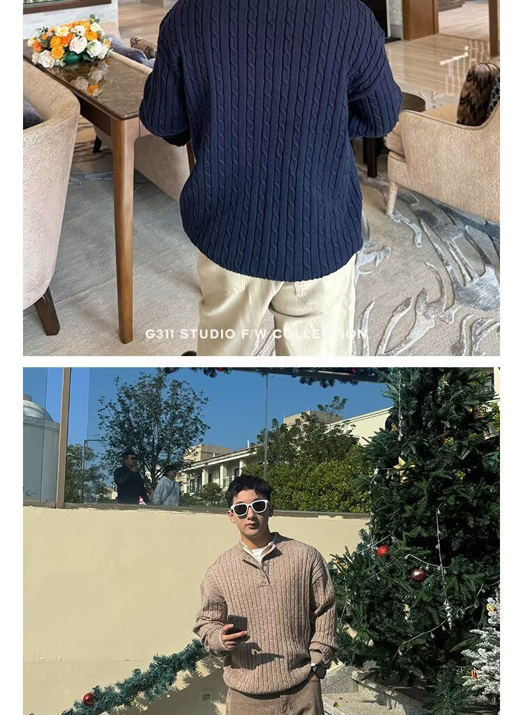 Pull tricoté double épaisseur deux pièces pour homme, col Henry, maille torsadée, style business britannique, printemps et automne_voghion.com