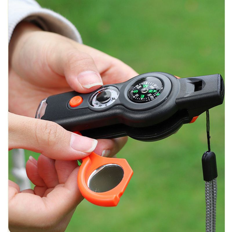 Nieuwe 7-in-1 multifunctionele overlevingsfluit voor buiten met LED-licht, thermometer en kompas_voghion.com