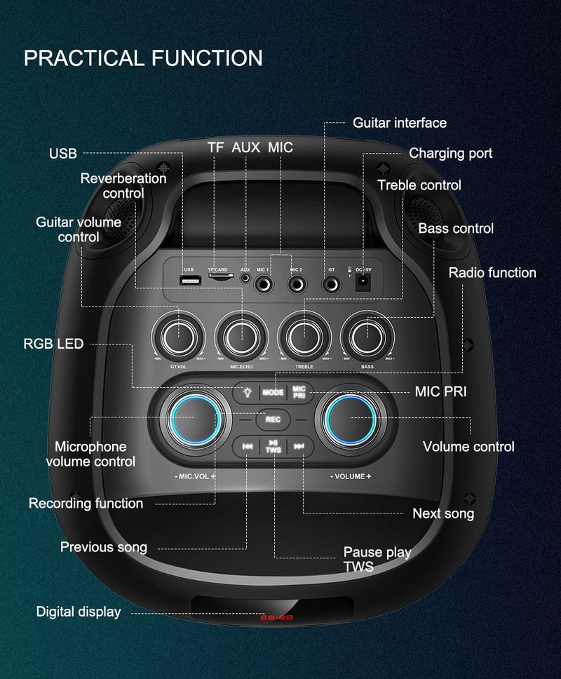 Sing-e ZQS8247 rūpnīcas eksporta lieljaudas Bluetooth skaļrunis dubultā 8 collu 120 W āra audio LED gaisma_voghion.com