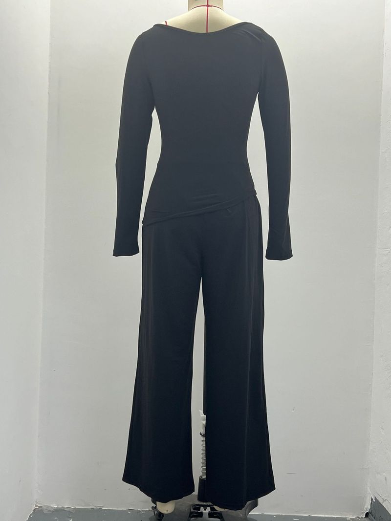 Trendy Asymmetrical Long Sleeve T-Shirt & Wide-Leg Pants Set - Fall Casual Outfit, Comfortable Polyester Blend, Multiple Colors & Sizes_voghion.com