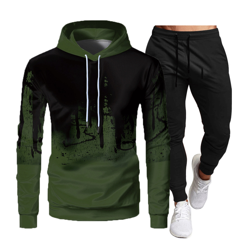 Crazy Muscle Men's Sports Casual Hooded Graffiti Print Slim Fit Fashion Simple OM Set_voghion.com