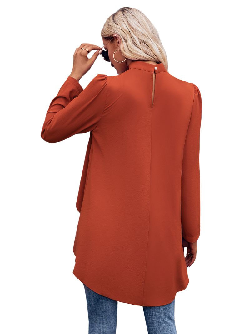 Abbigliamento da donna, camicia in due pezzi finta a maniche lunghe, tinta unita, collo semi-alto, casual, da donna_voghion.com