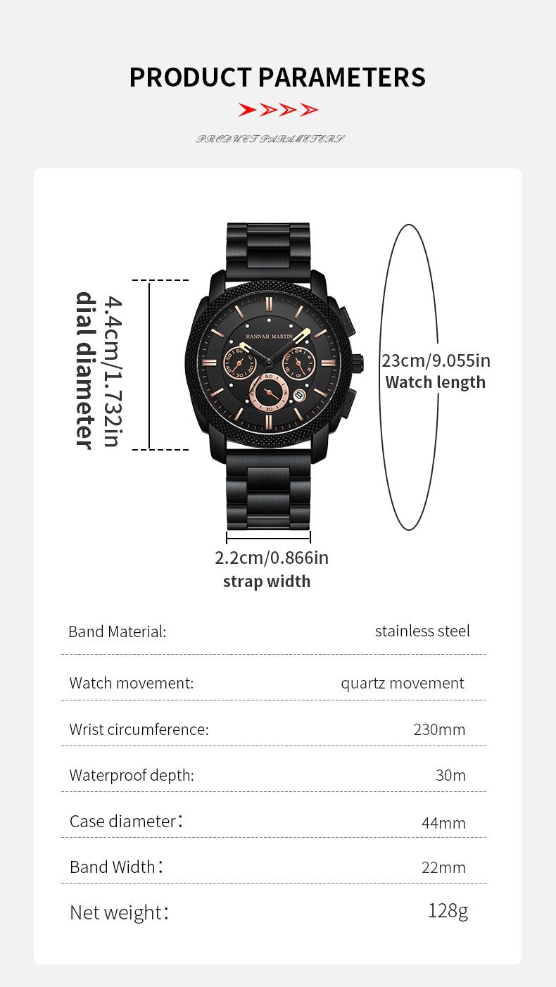 Orologio da uomo Hannah Martin con cinturino in acciaio, nuovo, tre occhi, sei aghi, multifunzione, impermeabile, al quarzo, con calendario, orologio di alta qualità_voghion.com