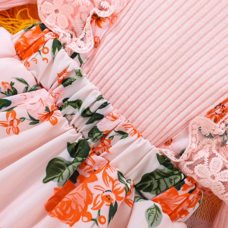 European And American Style Autumn And Winter Style Baby Cotton Ribbed Long Sleeves Lace Edge Flower Print Skirt Baby Girl Jumpsuit_voghion.com