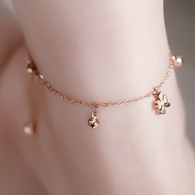 Shuosbai Lucky Clover Bells Charm Fußkettchen Fußkette Damen Sommer Sandale Knöchelarmband_voghion.com