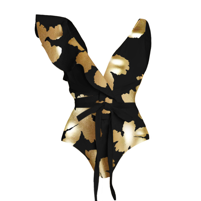 Costume intero da donna con stampa a V profonda con volant, nuovo stile 2024_voghion.com