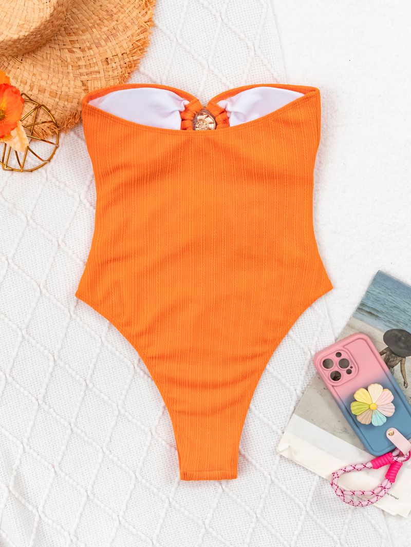 Women's Clothing Sexy Bikini Hollow Solid Color Tube Top One Piece Swimsuit_voghion.com