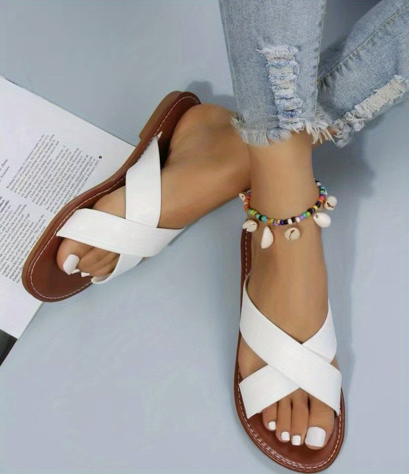 Platte damesslippers met kruisband, effen kleur antislipslippers met open teen, casual strandslippers voor buiten_voghion.com