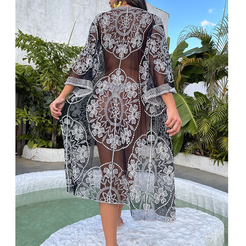 Strand-Überwurf aus Spitze – transparenter Sonnenschutz-Kimono (Einheitsgröße, 100 % Baumwolle, florales Cutout-Design)_voghion.com